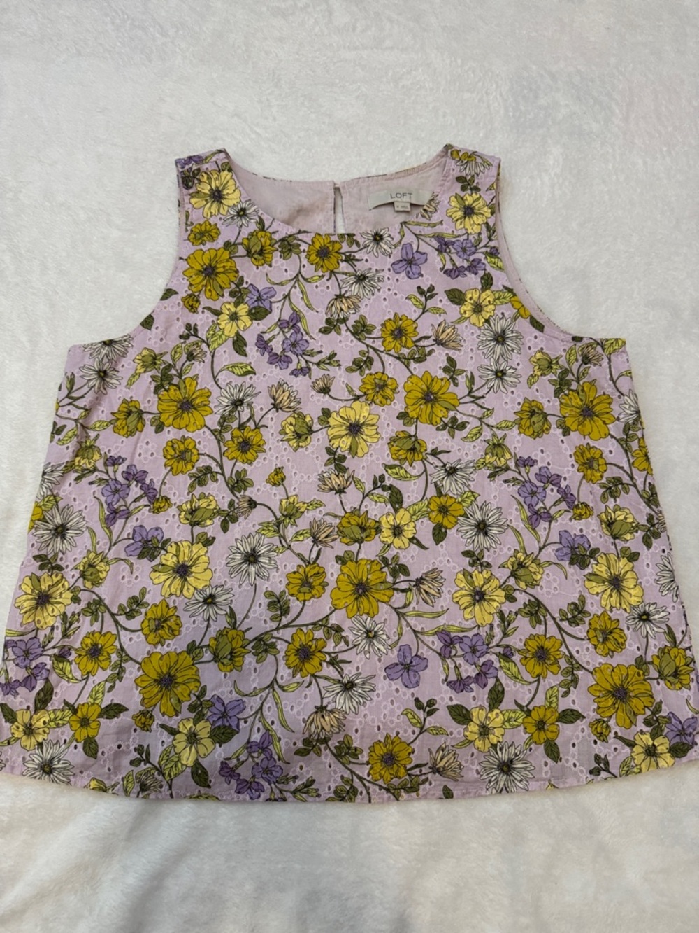 LOFT Lavender Floral Eyelet Tank Top with Yellow Accents